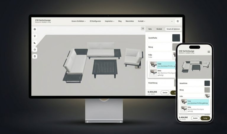 Modularer Lounge Sofa Konfigurator auf Desktop und Smartphone mit Echtzeit Anpassung von Modulen, Farben und Stoffen