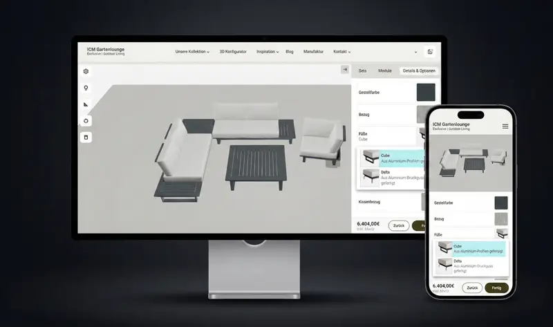 Modularer Lounge Sofa Konfigurator auf Desktop und Smartphone mit Echtzeit Anpassung von Modulen, Farben und Stoffen