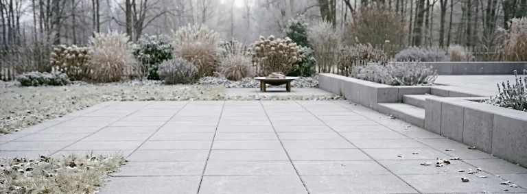 Winterliche Terrasse mit leichtem Frost als Symbol für Gartenmöbel winterfest machen