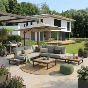 Exklusive Gartenlounge Cannes in Anthrazit mit Teak‑Elementen – modulares 5‑Sitzer Outdoor‑Lounge‑Set für hochwertige Terrassen
