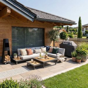 Modulare Gartenlounge Cannes in Anthrazit mit Teak – elegantes 5‑Sitzer Outdoor‑Lounge‑Set für stilvolle Terrassen und Gärten