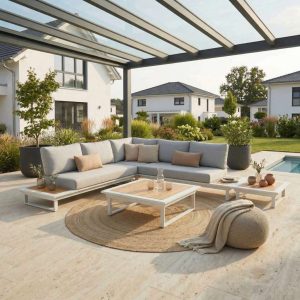 Exklusive Gartenlounge Cannes in Weiß mit Teak – modulares 5‑Sitzer Outdoor‑Lounge‑Set für elegante Terrassen