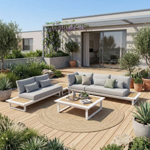Modulare Gartenlounge Cannes in Weiß mit Teak – elegantes 5‑Sitzer Outdoor‑Lounge‑Set für stilvolle Gärten