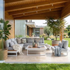 Outdoor‑Lounge‑Set Cannes in Weiß mit Teak – modulares 5‑Sitzer Set für anspruchsvolle Terrassen