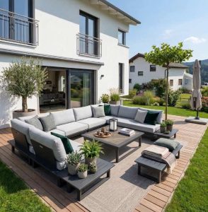 Modulare Gartenlounge in Anthrazit – individuell zusammengestellte Aluminium‑Module für moderne Terrassen