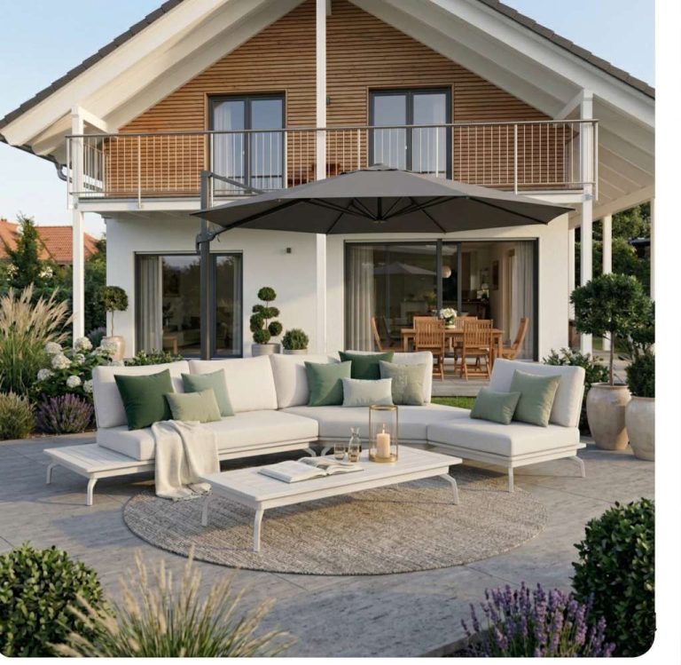 Modulare Gartenlounge in Weiß – individuell zusammengestellte Aluminium‑Module für helle Terrassen