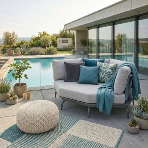 6‑Eck Outdoor Lounge Modul in Anthrazit aus Aluminium – individuell platziert am Pool mit vielen Kissen