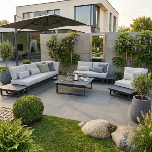 Modulare Gartenlounge St. Tropez in Anthrazit aus Aluminium – elegantes 6‑Sitzer Outdoor Lounge Set auf einer stilvollen Terrasse