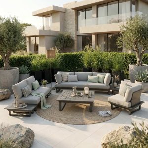 Modulare Gartenlounge St. Tropez in Anthrazit aus Aluminium – großzügiges 6‑Sitzer Outdoor Lounge Set auf einer modernen Terrasse