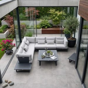 Gartenlounge St. Tropez Anthrazit – modulares 6‑Sitzer Aluminium Outdoor Set auf einer großzügigen Terrasse