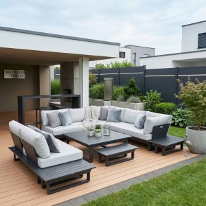 Großzügige Gartenlounge St. Tropez in Anthrazit – modulares 6‑Sitzer Aluminium Lounge Set auf einer modernen Terrasse