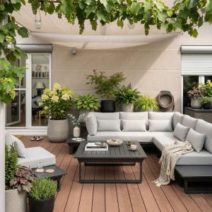 Exklusive Gartenlounge St. Tropez in Anthrazit – modulares 6‑Sitzer Aluminium Outdoor Set auf einer großzügigen Terrasse