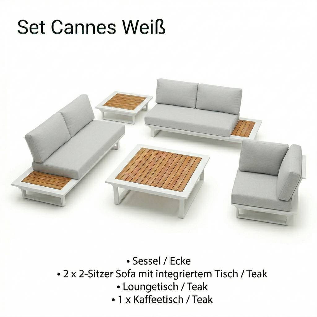 Lieferumfang Cannes Weiß Teak | Modulares Outdoor-Lounge-System Lieferumfang Gartenlounge Cannes Weiß: 2-Sitzer, Eckelement und Teak-Loungetische aus Aluminium