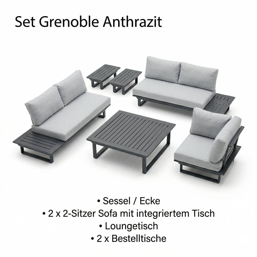 Lieferumfang Gartenlounge Grenoble: 2-Sitzer, Eckelement, Loungetisch und Beistelltische aus Aluminium Anthrazit