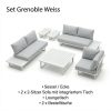 Lieferumfang Gartenlounge Grenoble Weiß: 2-Sitzer, Eckelement, Loungetisch und Beistelltische aus Aluminium