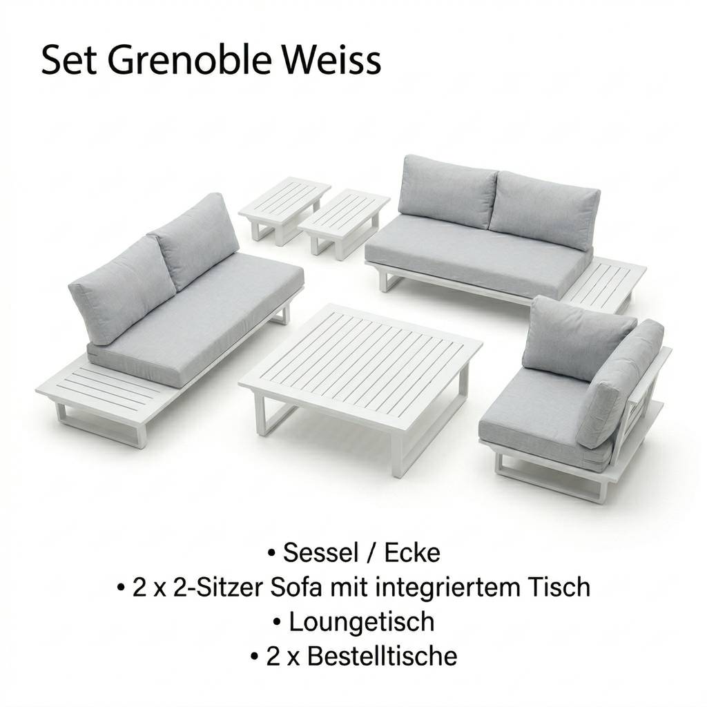 Lieferumfang Gartenlounge Grenoble Weiß: 2-Sitzer, Eckelement, Loungetisch und Beistelltische aus Aluminium