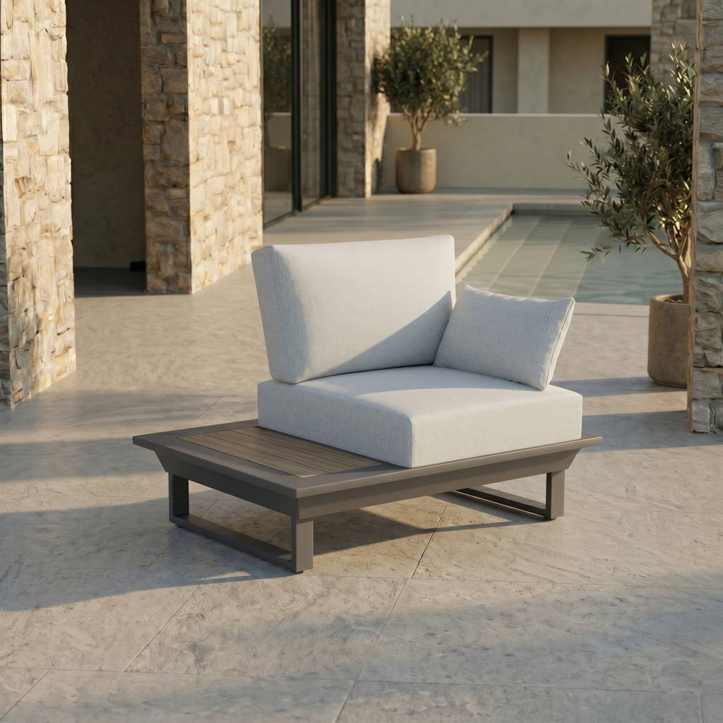Moderner 1 Sitzer Outdoor Lounge Sessel mit Tisch in Anthrazit für Garten und Terrasse anthrazit outdoor 1 sitzer sessel mit integriertem tisch und aluminiumgestell für terrasse und garten