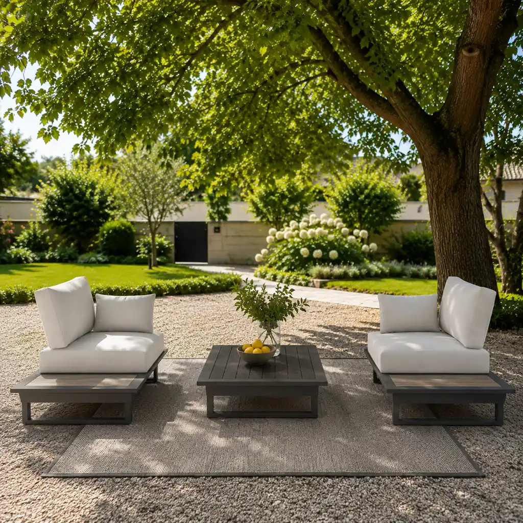 Premium Outdoor Lounge Sessel Modul in Anthrazit für Terrasse und Garten – ICM Gartenlounge anthrazit outdoor lounge sessel modul mit integriertem tisch und polster unter baum im garten