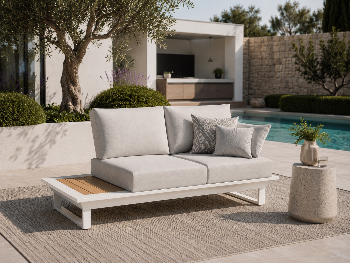 2 Sitzer Loungemodul Weiß mit integriertem Tisch für moderne Outdoor Terrassen 2 sitzer loungemodul weiß outdoor mit integriertem tisch premium gartenlounge terrasse pool