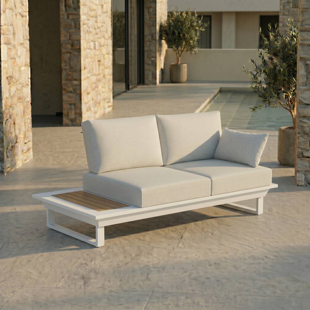 2 Sitzer Loungemodul Weiß mit integriertem Tisch für moderne Outdoor Terrassen 2 sitzer loungemodul weiß outdoor mit integriertem tisch teak aluminium premium terrasse