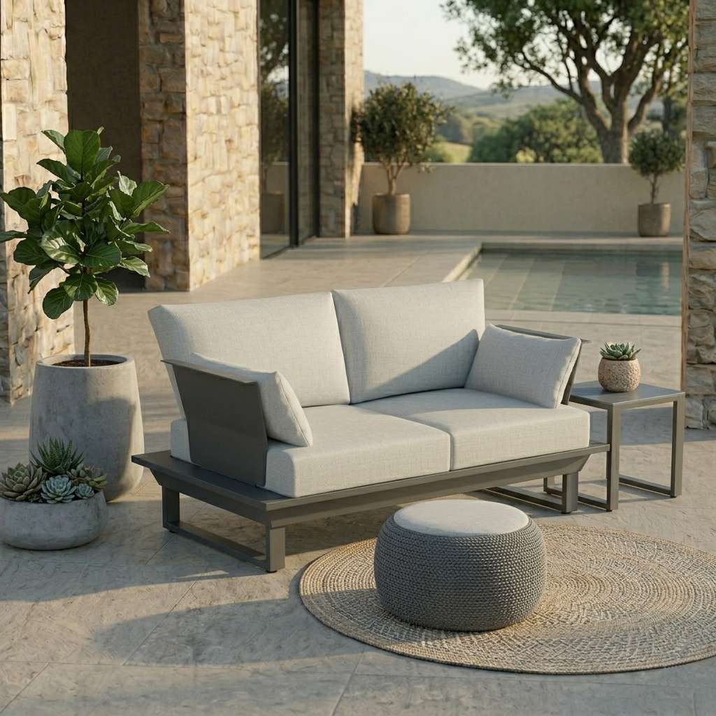 2-sitzer outdoor-lounge-baustein anthrazit mit hellgrauen polstern auf einer modernen terrasse am pool Exklusives 2-Sitzer Outdoor-Lounge-Sofa in Anthrazit für Garten und Terrasse