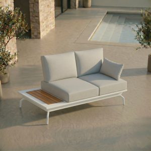Modulares Zweisitzer‑Lounge‑Sofa in Weiß mit integriertem Tisch in Teak, Keramik oder Aluminium