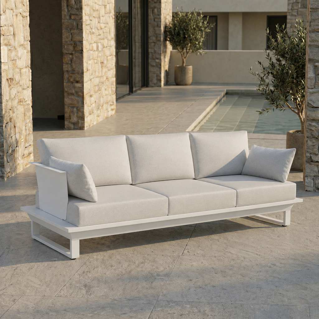 3 Sitzer Sofa Weiß für stilvolle Gartenlounge und Outdoor Terrasse 3 sitzer outdoor sofa weiß mit polstern aluminiumgestell premium gartenmöbel terrasse lounge modern