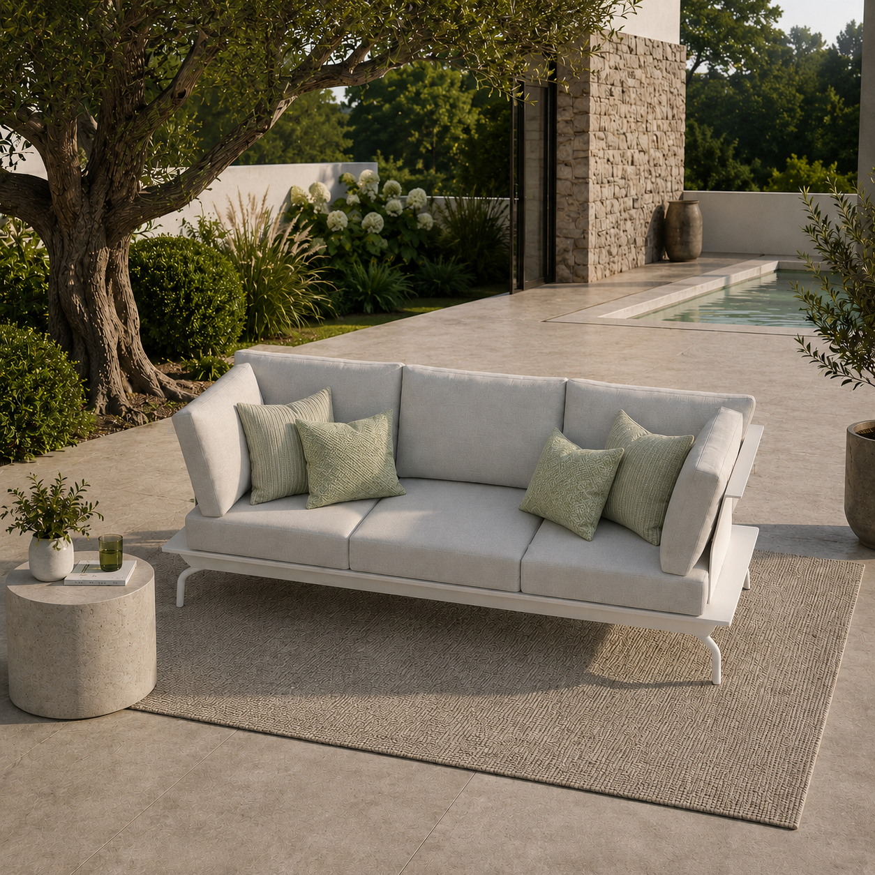 3 sitzer outdoor sofa weiß mit aluminiumgestell premium loungemöbel terrasse garten mit dekokissen