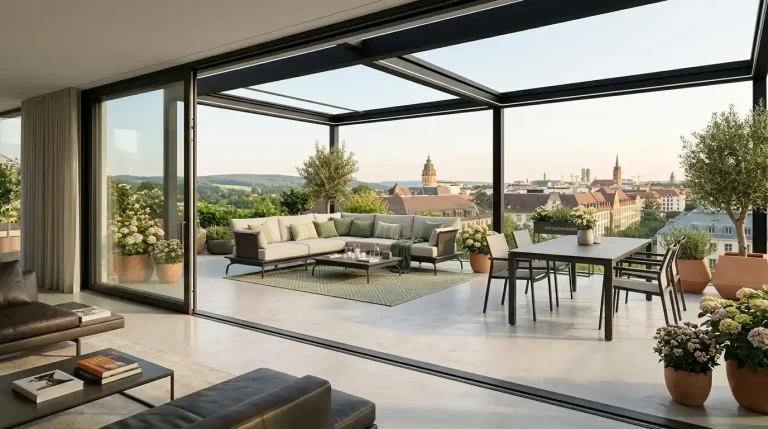 Wenn Sie hochwertige Gartenmöbel kaufen möchten: Inspirierende Dachterrasse mit moderner ICM Outdoor-Gartenlounge Rundecke in Anthrazit, gemustertem Outdoorteppich, Kaffeetisch und Panoramablick auf die Berliner Skyline bei Tageslicht.