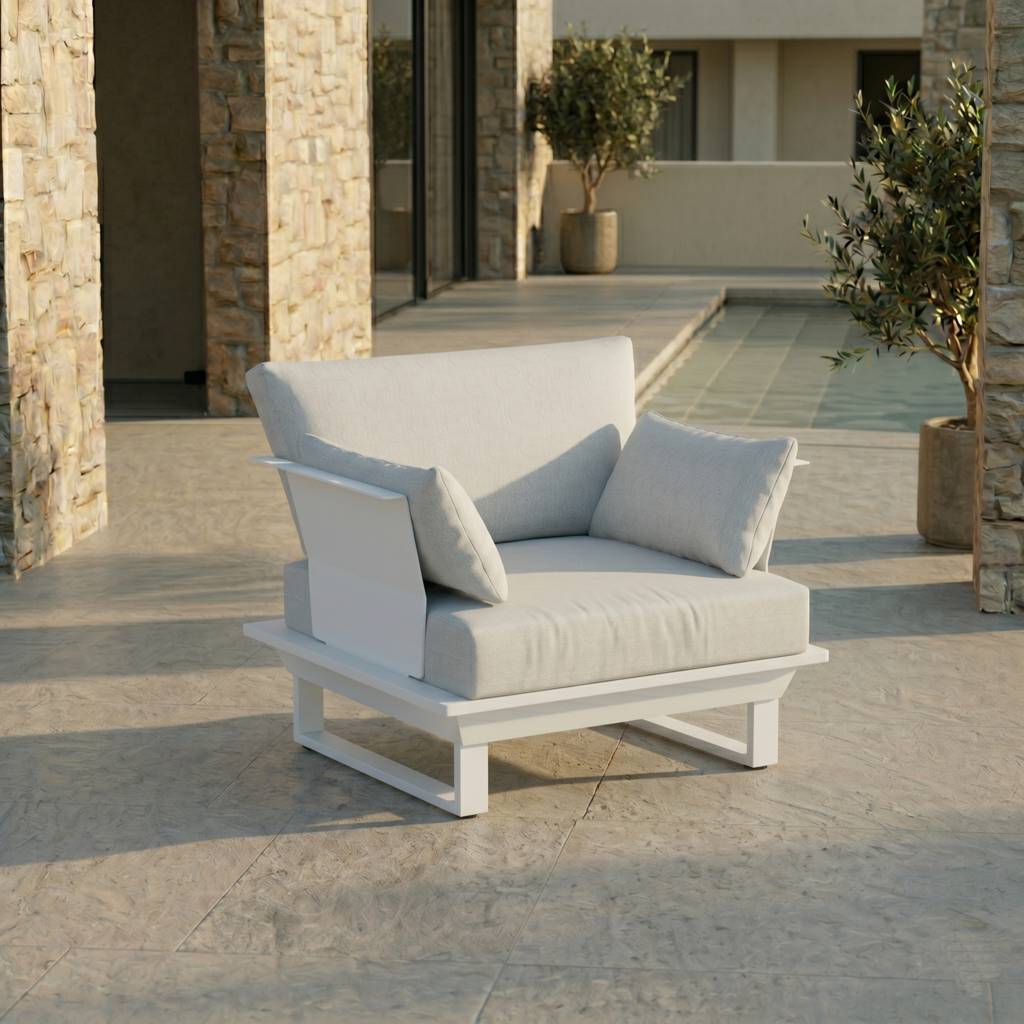 weißer outdoor sessel mit polster und aluminiumgestell für terrasse und garten