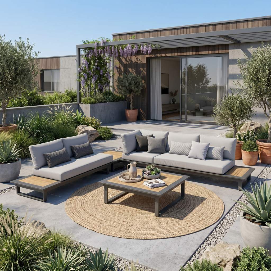 Anthrazitfarbenes Aluminium-Lounge-Set Cannes mit Teakholz-Elementen auf moderner Terrasse
