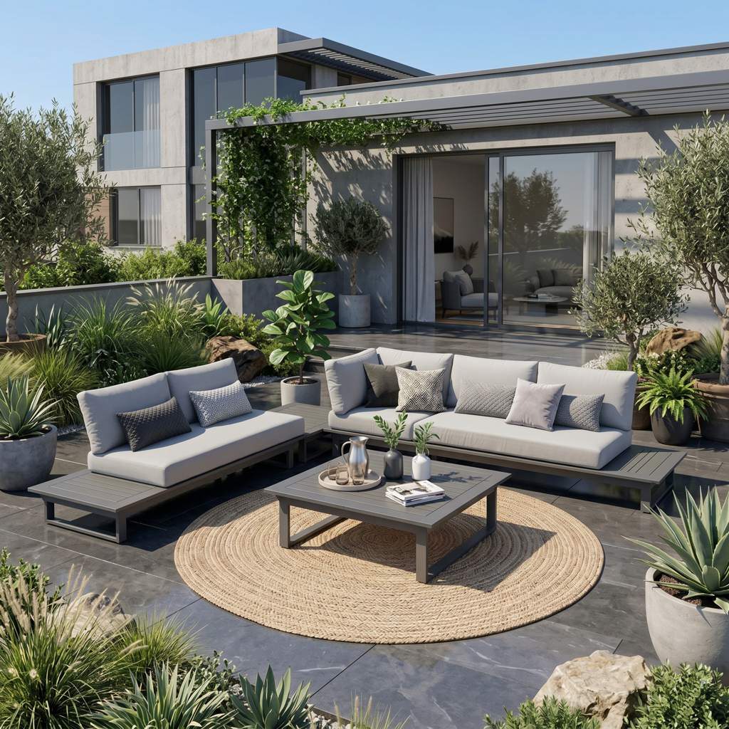 Modulare ICM Gartenlounge Grenoble in Anthrazit auf moderner Terrasse