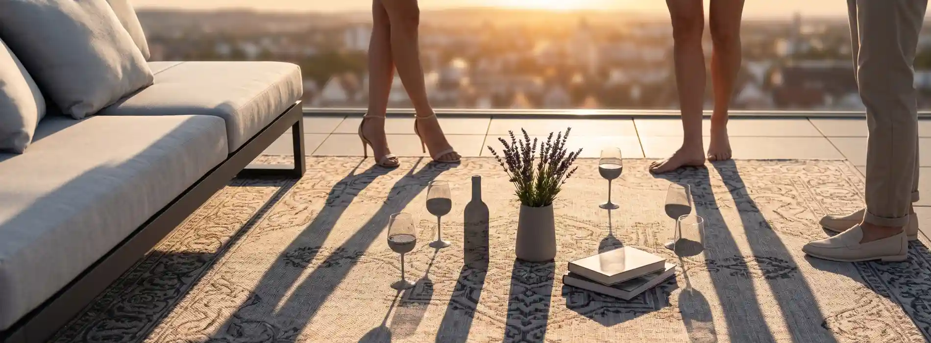 Loungetische Kaffeetische Beistelltische Luxus-Dachterrasse in Berlin mit ICM Living Aluminium-Lounge, Blick auf die Stadt bei Sonnenuntergang.