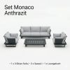 Lieferumfang Monaco Anthrazit: Freischwebendes 3-Sitzer Sofa, zwei Sessel und großer Aluminium-Loungetisch