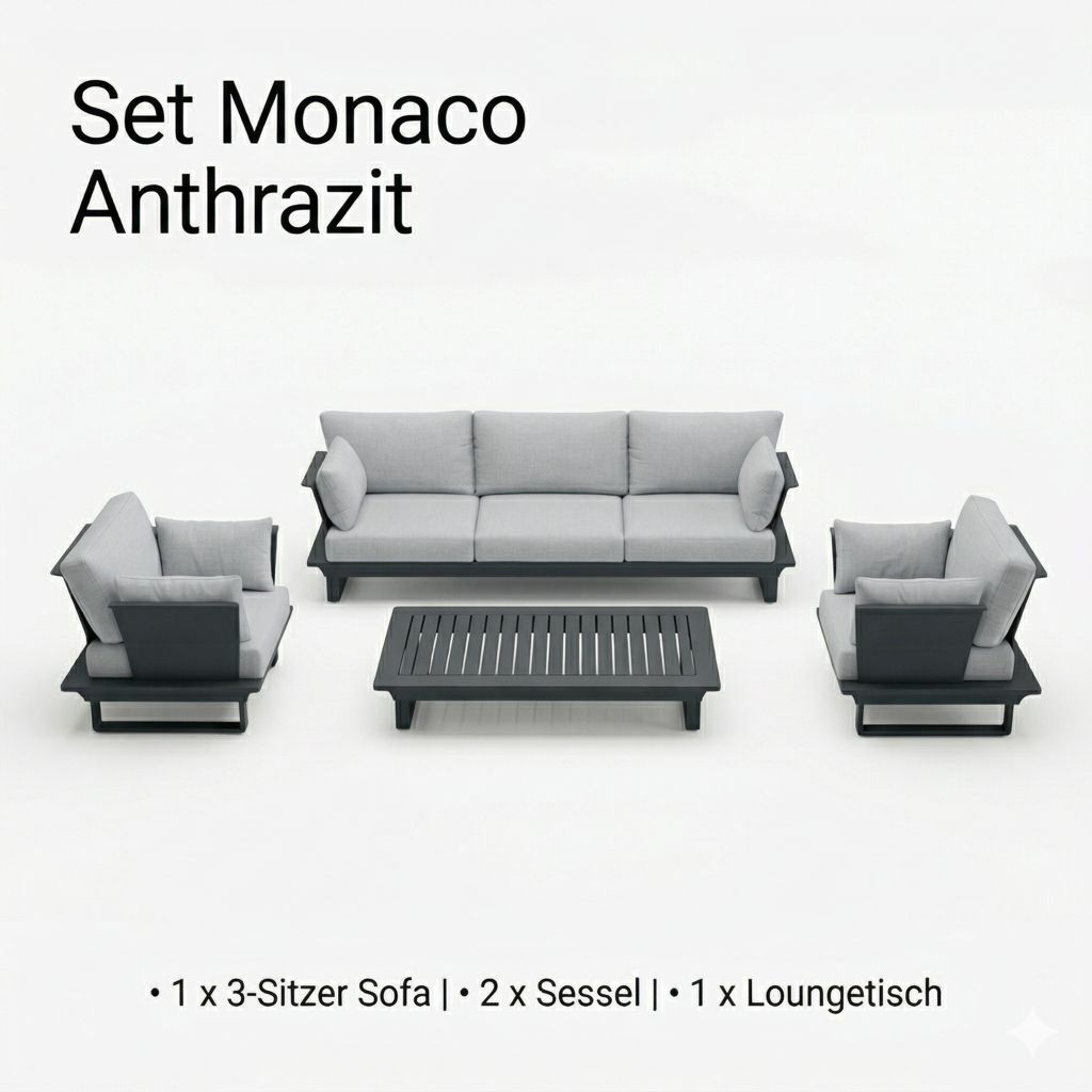 Lieferumfang Monaco Anthrazit: Freischwebendes 3-Sitzer Sofa, zwei Sessel und großer Aluminium-Loungetisch