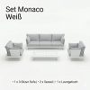Lieferumfang Monaco Weiß: Freischwebendes 3-Sitzer Sofa, zwei Sessel und großer Aluminium-Loungetisch in strahlendem Weiß.