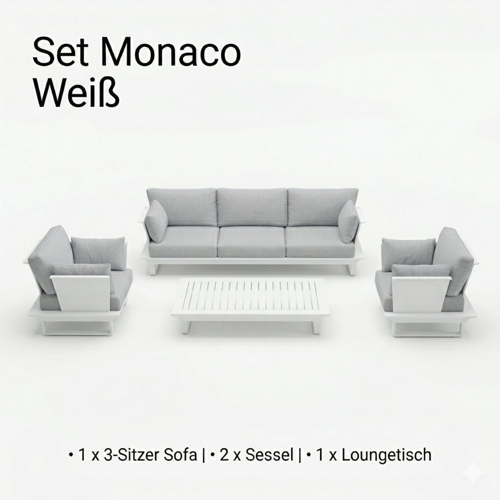 Lieferumfang Monaco Weiß: Freischwebendes 3-Sitzer Sofa, zwei Sessel und großer Aluminium-Loungetisch in strahlendem Weiß.