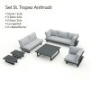 Lieferumfang St. Tropez Anthrazit: Freischwebender 3-Sitzer, 2-Sitzer, Eckelement & Tische aus Aluminium und Edelstahl