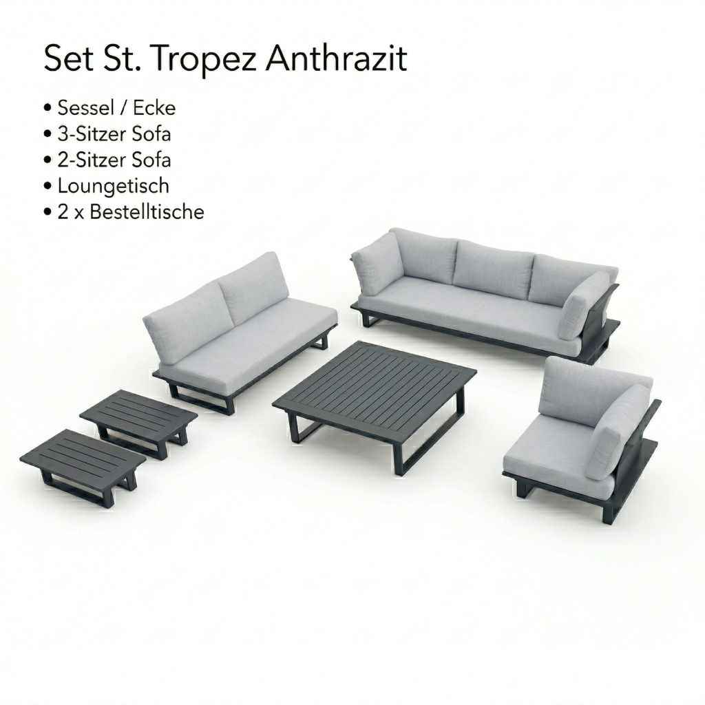 Lieferumfang St. Tropez Anthrazit: Freischwebender 3-Sitzer, 2-Sitzer, Eckelement & Tische aus Aluminium und Edelstahl