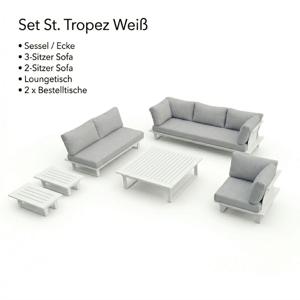 Lieferumfang St. Tropez Weiß: Freischwebender 3-Sitzer, 2-Sitzer, Eckelement & Tische aus Aluminium und Edelstahl