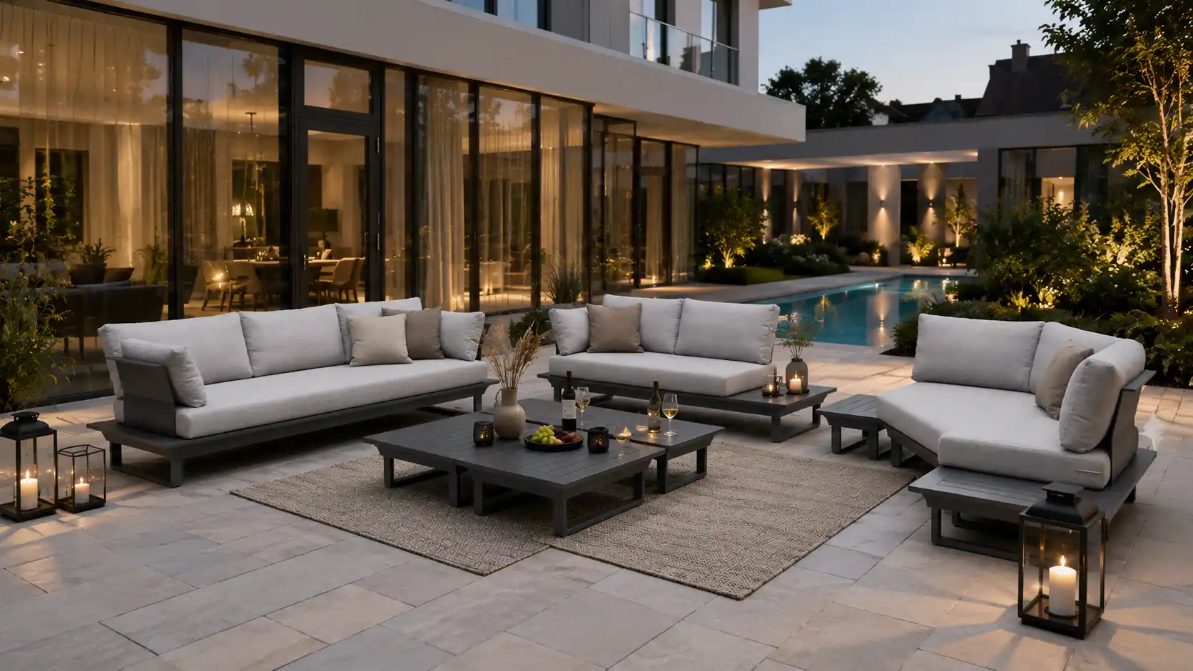 Luxuriöse Outdoor Lounge in moderner Villa bei Abendstimmung mit Pool, Kerzenlicht und hochwertiger Gartenmöbel-Komposition aus Aluminium und hellen Polstern.